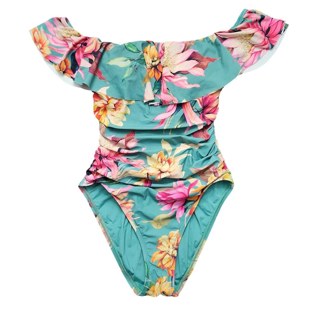 La Blanca Floral Off The Shoulder Corset Style Back One Piece Swimsuit Size 4
